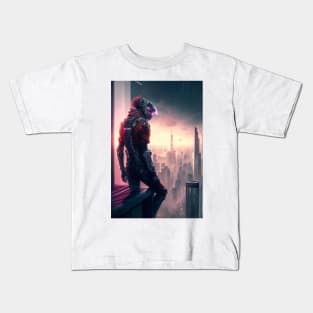 Cyberpunk Character On A Ledge Overlooking A City Kids T-Shirt